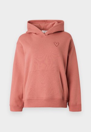 Felpa con cappuccio rosa realizzata in tessuto morbido, con tasca a marsupio e un piccolo dettaglio a cuore ricamato sul petto sinistro.