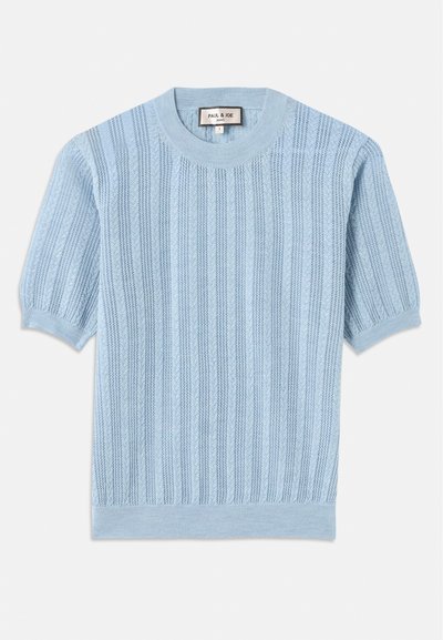 Light blue knitted short-sleeve sweater featuring ribbed texture, round neckline, and stitched detailing along the body.