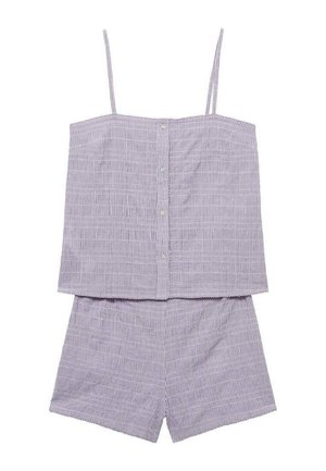 Set a due pezzi a righe viola e bianche composto da un top senza maniche con chiusura a pulsante e shorts abbinati, realizzato in tessuto leggero.
