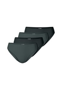 Quattro paia di mutande da donna in diverse tonalità di verde scuro. Realizzate in tessuto morbido, con una vita liscia e senza cuciture visibili.