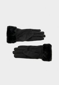 Guantes negros con un suave puño de piel sintética. Los guantes tienen una textura suave y un diseño simple, ideales para usar en climas fríos.