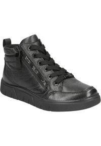 Zwarte leren high-top sneaker met vetersluiting aan de voorkant, rits aan de zijkant, gevoerde kraag, textuurafwerking en rubberen zool met een profiel.