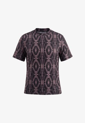 Kortærmet T-shirt med et mørkt geometrisk aztekisk mønster i sort og afdæmpede lilla nuancer, rund halsudskæring og almindelig pasform.