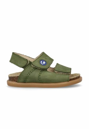 Groene leren sandaal met twee verstelbare klittenbandsluitingen, open teen, gestikte details en een bruine rubberen zool.