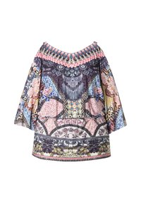 Geprinte top van lichtgewicht stof, met een mix van bloemen- en geometrische patronen in roze, blauw en zwart. Boothals, wijde mouwen.