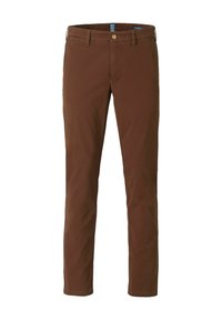 Bruine katoenen broek met een recht model, voorzien van een knoopsluiting, riemlussen en een gladde textuur.