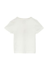 Weißes T-Shirt mit kurzen Ärmeln und rundem Halsausschnitt. Hat ein dezentes Drucklogo auf dem Rücken und eine glatte Baumwolltextur.
