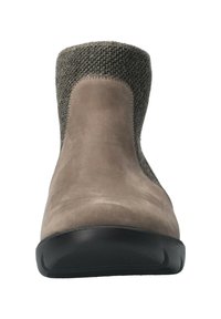 Botte de cheville en daim gris avec un dessus en tricot texturé, bout rond, semelle noire épaisse et finition lisse. Design compact avec un minimum de détails.