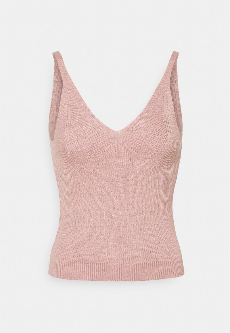 Haut sans manches en tricot rose avec col en V et texture côtelée, présenté sur un fond blanc uni.