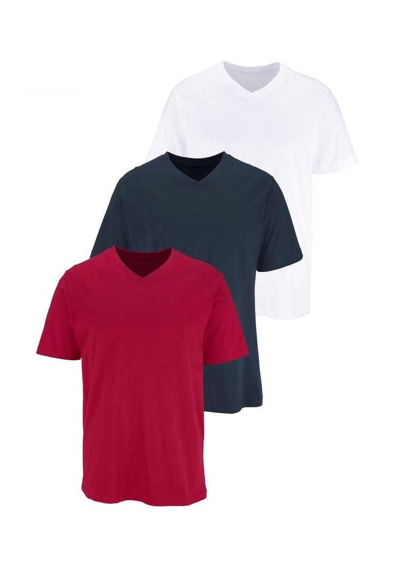Three v-neck t-shirts: one red, one navy, one white. Each has short sleeves and is made of a smooth, lightweight fabric.