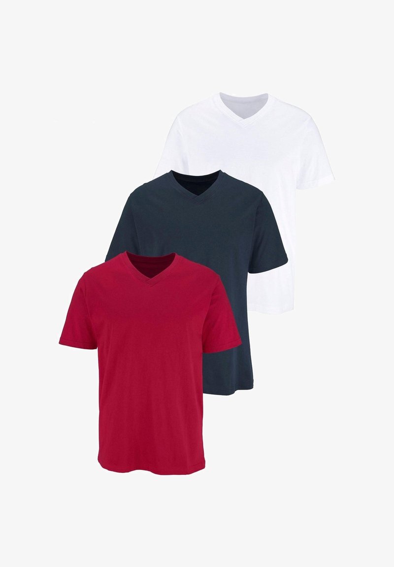 Three v-neck t-shirts: one red, one navy, one white. Each has short sleeves and is made of a smooth, lightweight fabric.