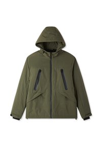 Giacca con cappuccio verde oliva, caratterizzata da una chiusura con zip frontale, due tasche sul petto con zip nere e polsini elasticizzati per un design aderente.