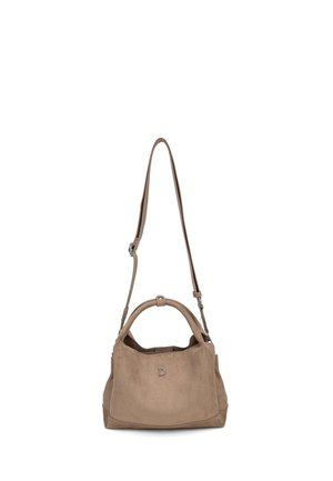 Sac à main en daim taupe avec poignées courtes et bandoulière longue ajustable, orné d'un petit logo métallique "D" à l'avant.