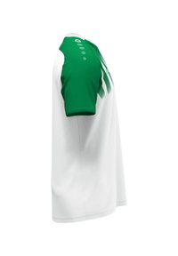 Groen en witte shirt met korte mouwen, een effen groene kraag, knoopaccenten en een verticale streepjespatroon aan de voorkant.