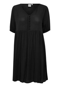 Svart knädels klänning med V-ringning, korta puffärmar och knapprad fram. Lättviktigt tyg med en flytande design.