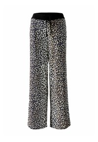 Leopardenmuster weit geschnittene Hose mit einem schwarzen elastischen Bund und Kordelzug. Sie hat beige und dunkelbraune Flecken auf einem hellen Hintergrund.
