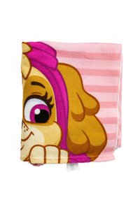 Pink blanket featuring a cartoon dog with a pink headband, striped background, and soft, textured fabric. Size is folded compactly.