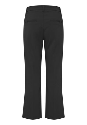 Melnas bikses ar platu dizainu, ar divām aizmugures kabatām un gludu auduma tekstūru. Minimālistisks stils ar klasisku griezumu.