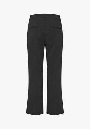 Pantalons noirs avec un design évasé, comportant deux poches arrière et une texture de tissu lisse. Style minimaliste avec une coupe classique.