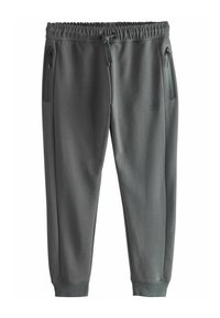 Graue Jogginghosen aus glattem Stoff, mit einem elastischen Bund, verstellbarem Kordelzug und seitlichen Reißverschlusstaschen.