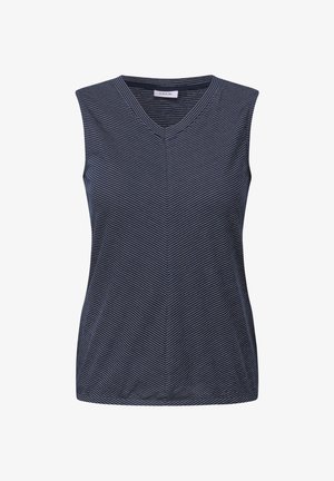 Bezrękawnik w kolorze granatowym z białymi poziomymi paskami. Posiada dekolt w kształcie litery V oraz luźny krój. Wykonany z miękkiego, lekkiego materiału.