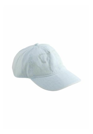 Lyseblå denim baseballkasket med lille rhinsten sløjfedetalje på frontpanelet, vist mod en hvid baggrund.