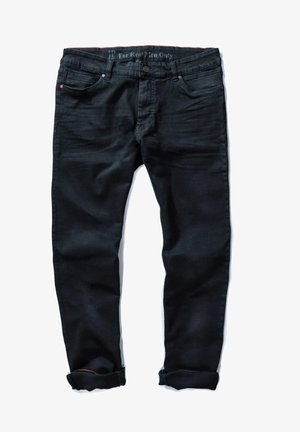 Zwarte denim jeans met een aansluitend ontwerp, voorzien van een knoopsluiting, vijfzakkenstijl en opgerolde boorden met rode stiksels.