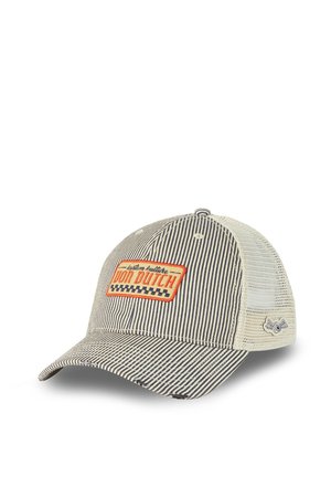 Striped black and white baseball cap with mesh back and orange "Don Dutch" patch on front, featuring a small winged logo on the side.