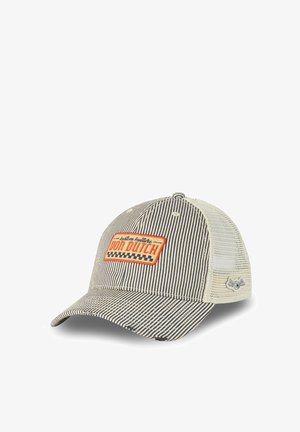 Striped black and white baseball cap with mesh back and orange "Don Dutch" patch on front, featuring a small winged logo on the side.