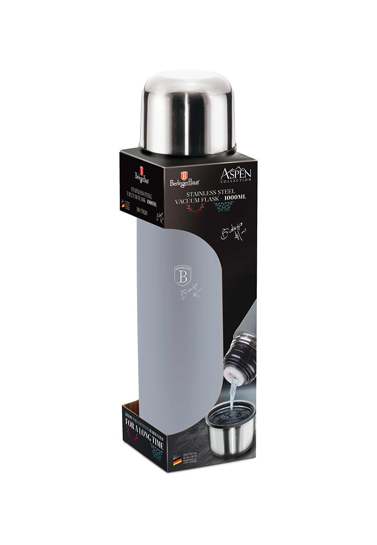 Termos ze stali nierdzewnej, 1000 ml, z matowym jasnoszarym wykończeniem, zaokrąglonym kształtem, metalową zakrętką i nadrukowanym logo na opakowaniu.