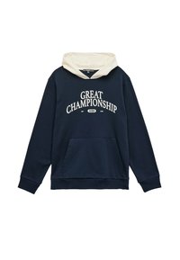 Sudadera azul marino con capucha crema, bolsillo frontal y texto blanco que dice "GRAN CAMPEONATO". Cuenta con puños y dobladillo acanalados.