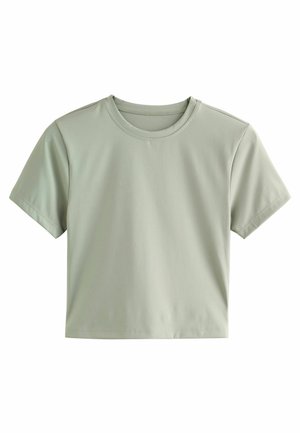 Kurzärmliges T-Shirt mit Rundhalsausschnitt aus hellgrünem Stoff, das ein kurzes Design mit glatter Textur und minimalen Nähten aufweist.