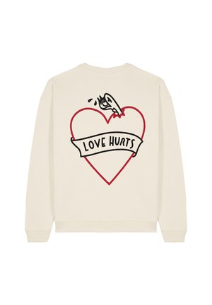 Sweatshirt couleur crème avec un graphique de cœur entouré de rouge et le texte noir "LOVE HURTS", et un design cartoon sur le dos.