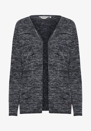 Strikket cardigan i mørkeblå og grå nuancer med et struktureret mønster, åben front, lange ærmer og en lille logo-detail.