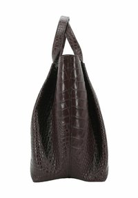 Sac à main en cuir marron foncé avec une texture crocodile, de forme conique et doté de deux poignées supérieures pour un transport facile. Aucun matériel visible.