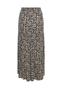 Jupe longue noire et beige avec des couches superposées, présentant un motif abstrait de diamants et de fleurs sur toute la surface.