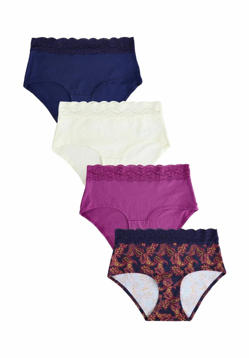 Vier sets damesondergoed: marineblauw met kantafwerking, wit met kantafwerking, paars met kantafwerking en met een paisleydessineer.