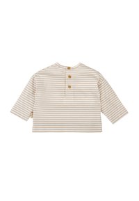 Top de manga larga a rayas en beige y blanco con tres botones de madera en la parte posterior. Textura suave, diseño ligeramente corto.