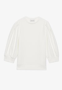 White sweatshirt with puffed sleeves, crew neck, and ribbed cuffs. Made from soft material with a smooth texture and relaxed fit.