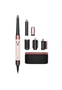 Hårstylingsverktygset med en rosa och svart design. Innehåller ett avsmalnande fat, tre borstfästen och en förvaringslåda. Olika texturer.