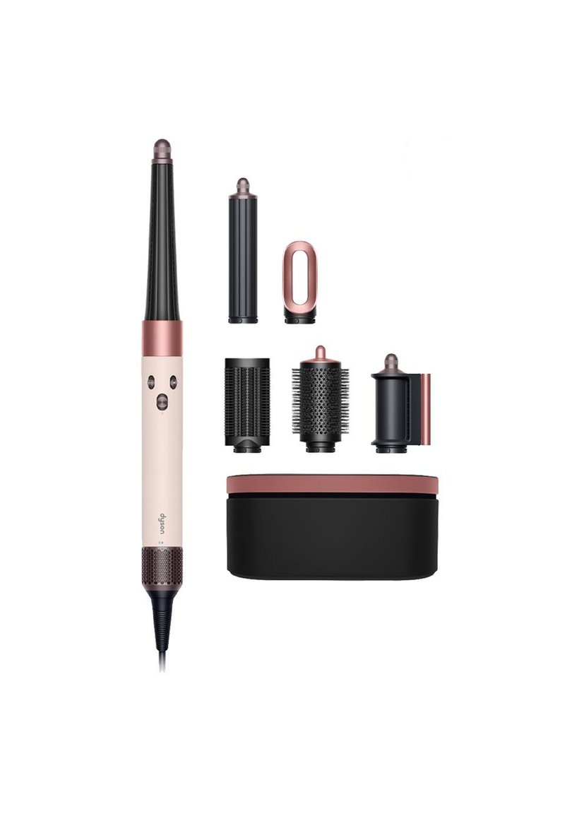 Hårstylingsverktygset med en rosa och svart design. Innehåller ett avsmalnande fat, tre borstfästen och en förvaringslåda. Olika texturer.