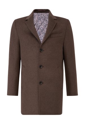 Brun uldfrakke med klapkrave, fem knapper og to sidelommer. Foret med et mønstret stof i nuancer af lilla og blå.
