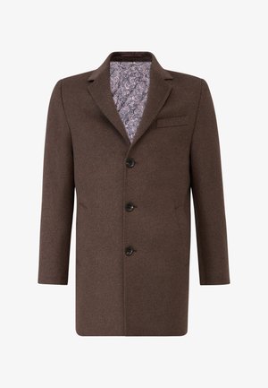 Brun uldfrakke med klapkrave, fem knapper og to sidelommer. Foret med et mønstret stof i nuancer af lilla og blå.