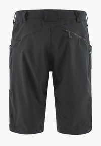 Black shorts made from lightweight fabric, featuring zippered pockets, a fitted waistband, and a relaxed fit with mid-thigh length.
