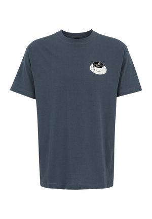 Dark gray short-sleeve T-shirt with round neckline, featuring a small white coffee cup graphic with latte art on the upper left chest.