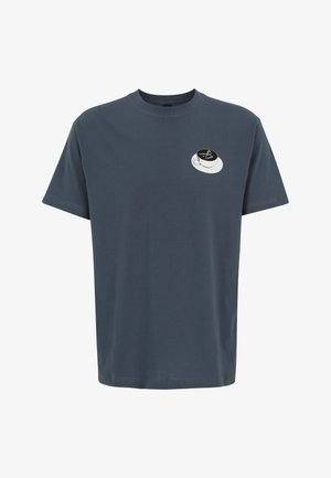 Dark gray short-sleeve T-shirt with round neckline, featuring a small white coffee cup graphic with latte art on the upper left chest.