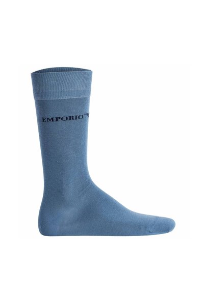 Chaussette bleue mi-mollet avec revers plié et texte "EMPORIO" près du haut, posée à plat et vue de côté sur fond blanc.