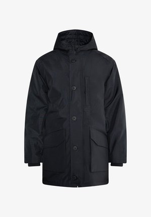 Musthave hoiakaitsega must jakk, ees nupuga kinnitatud, kaks suurt taskut ja soonikkoes mansetid. Sile tekstuur ja keskmine pikkus.