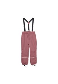 Waterproof, pink polyester ski pants with adjustable black suspenders, elastic cuffs, and reflective white accents. Features boot straps.