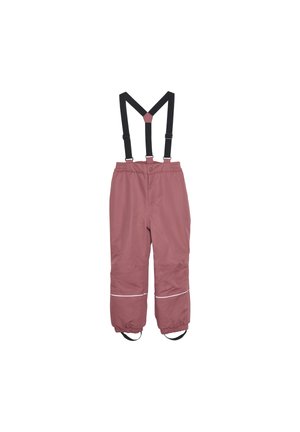 Waterproof, pink polyester ski pants with adjustable black suspenders, elastic cuffs, and reflective white accents. Features boot straps.